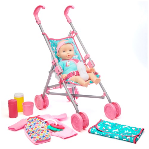 Muñeca bebé con coche y accesorios