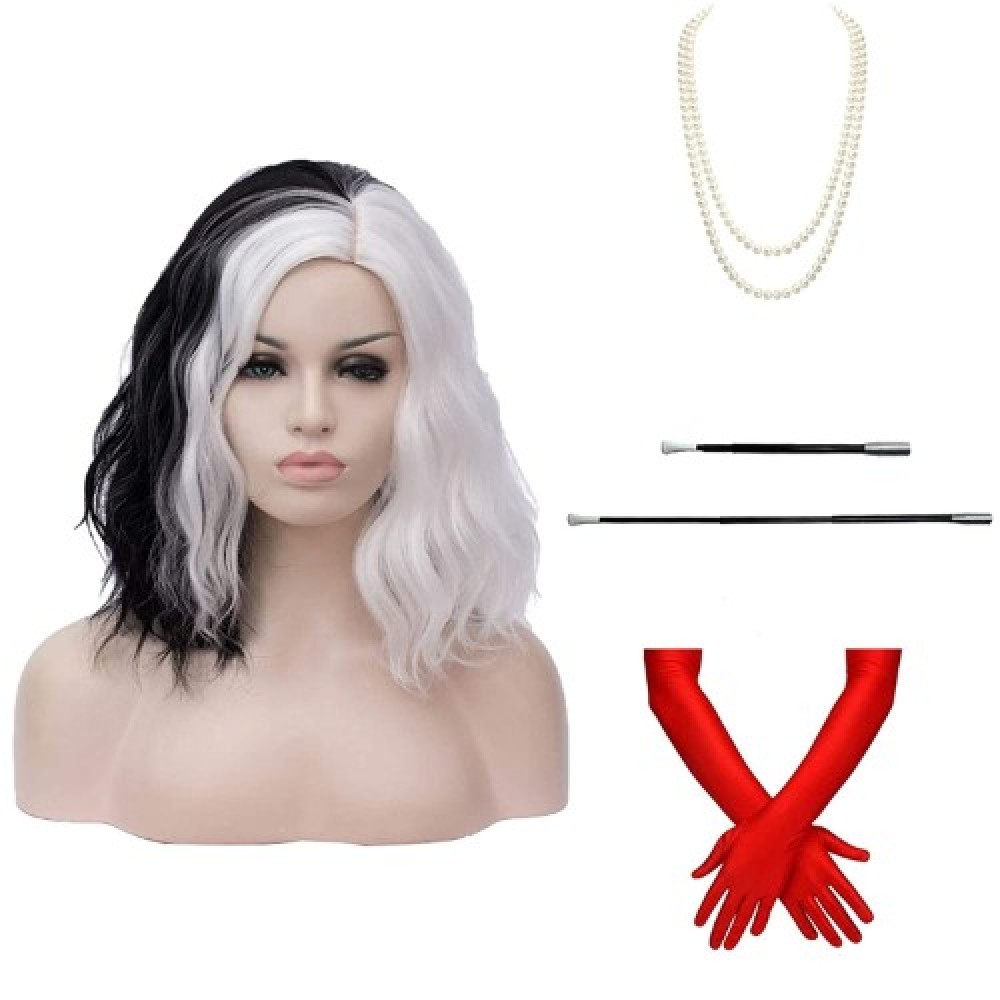 Peluca cosplay Cruella con accesorios