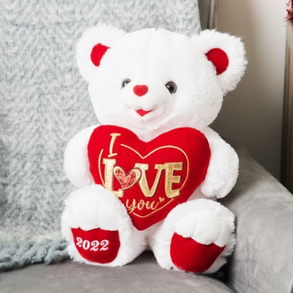 Oso de peluche blanco con corazón y mensaje