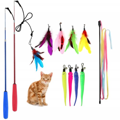 Juguete para gatos caña de pescar telescópica con plumas