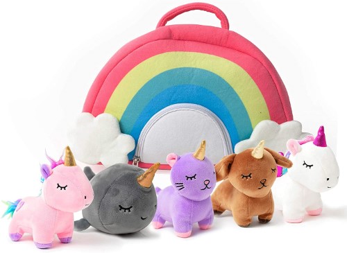 Bolso arcoíris con peluches unicornio